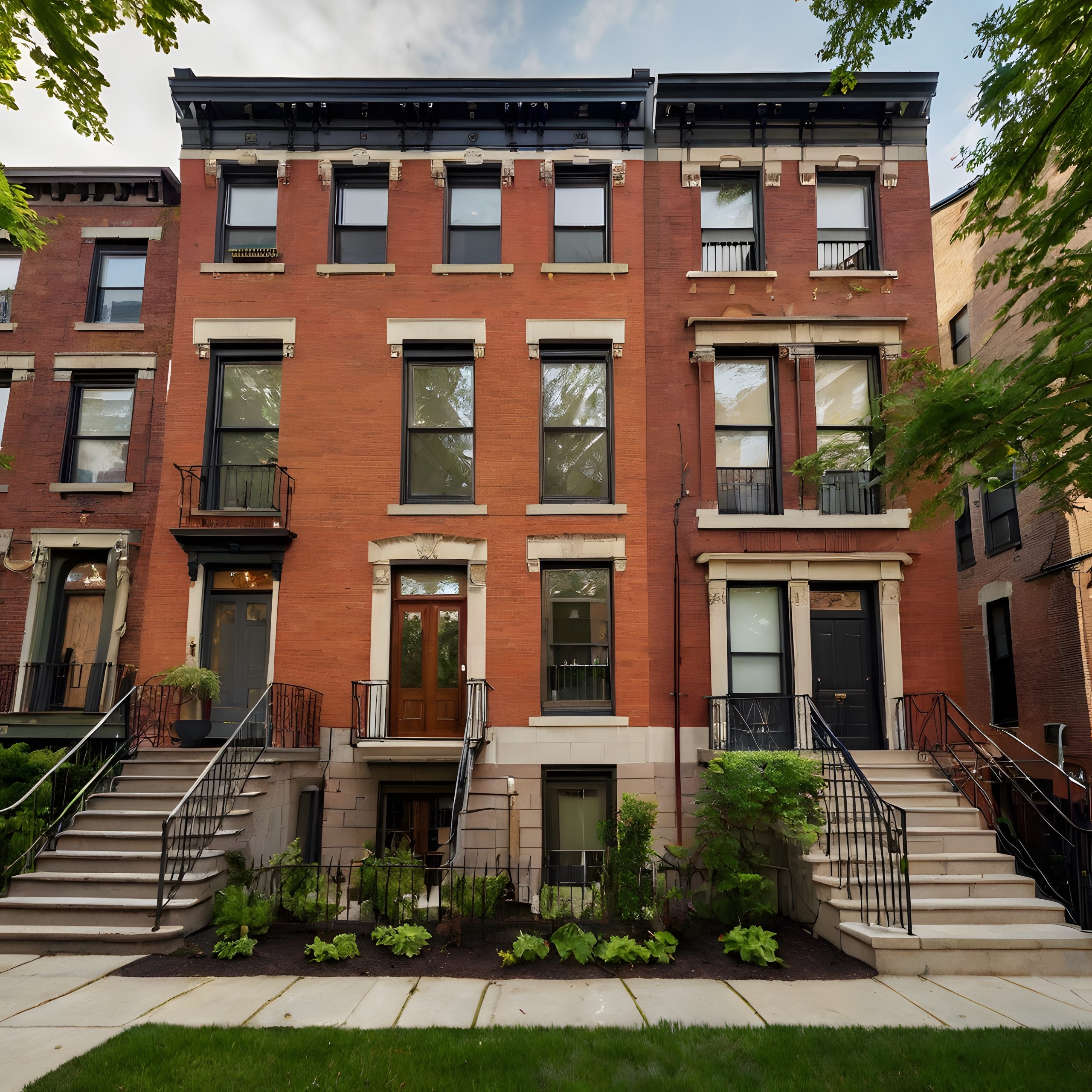 A row of classic brick townhouses featuring elegant architecture, large windows, and decorative iron railings, set against a lush green landscape.